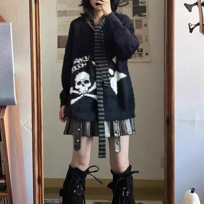 Winter Y2k Clothes Gothic Skulls Sweater Grunge Aesthetics Knitted Jumper V-neck Harajuku Loose Mohair Pullover Emo Knitwear - Image 6