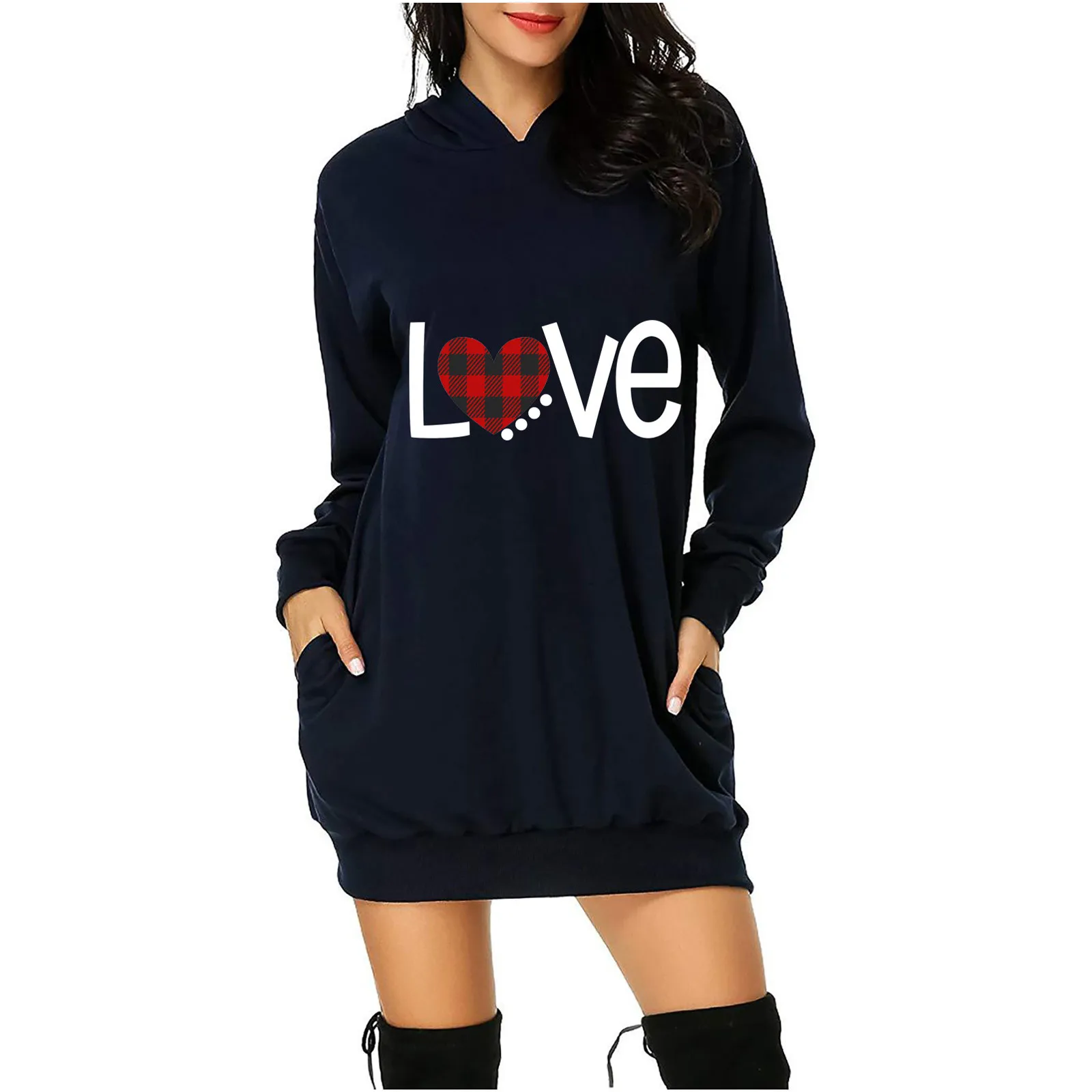 Fashion Women Dresses Valentine's Day short Dress Letter Print Hooded Pockets Short Sweatshirt Dress Hoodies Dress Vestidos