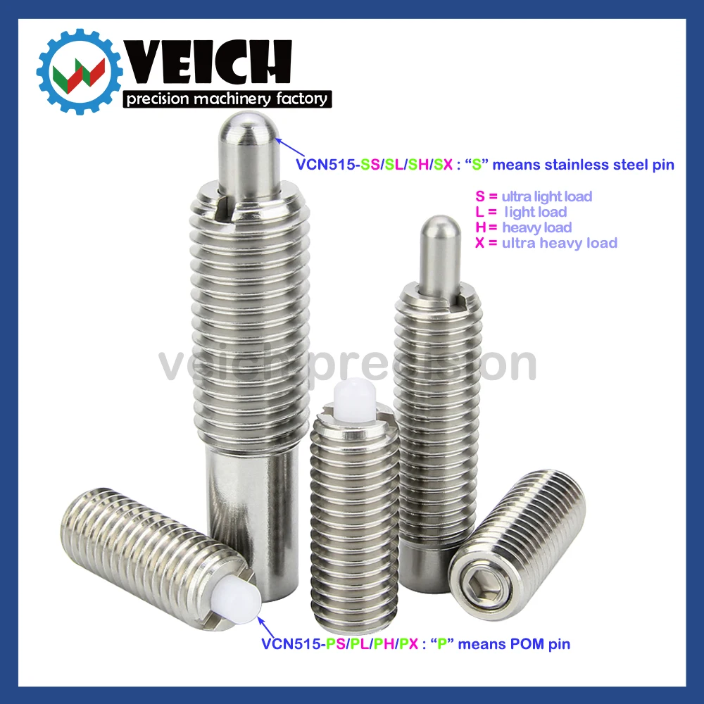 VCN515  Threaded Spring loaded Nose Plungers Stainless Steel/ POM Pins  M3/M4/M5/M6/M8/M10/M/12M/16  Spring Plungers