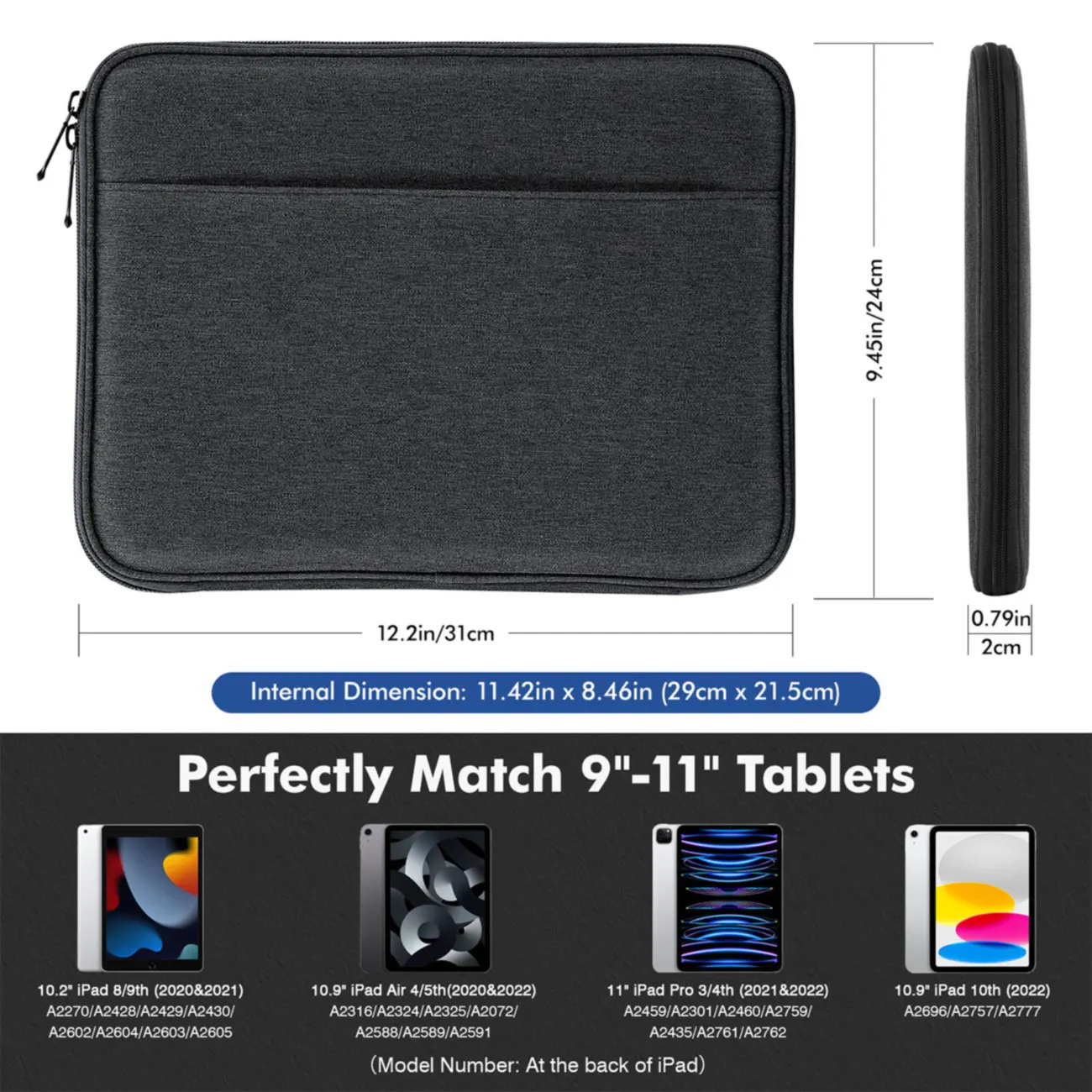 MoKo 9-11 Inch Tablet Sleeve Protective Carrying Bag with Two Compartments Fits for New iPad Air/Pro 11 inch 2024 iPad Air 5/4th