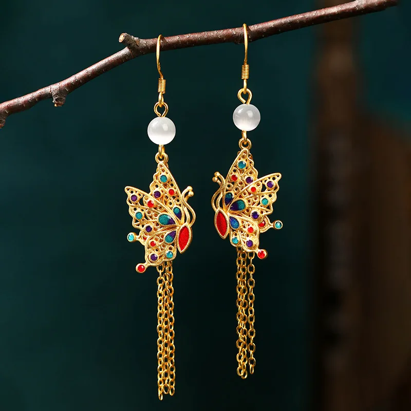 

Enamel Butterfly Tassels Ethnic Chinese Vintage Dangle Drop Hook Earrings For Women Exquisite Niche Earring Jewelry