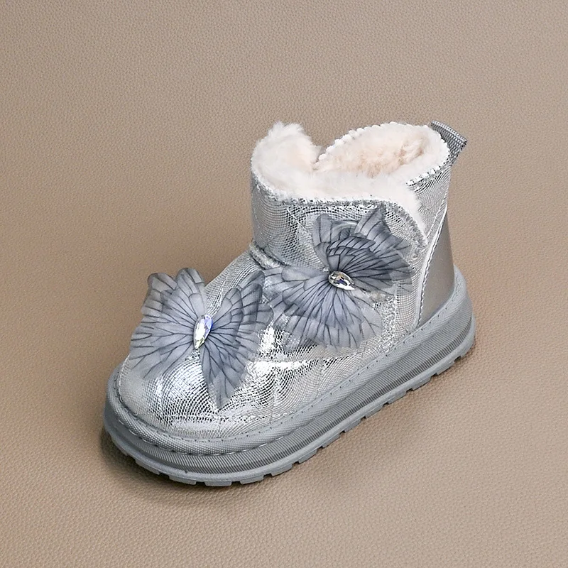 2025Зимние новые ботильоны с бантом для девочек, противоскользящие детские зимние ботинки со стразами на толстой подошве, простые универсальные повседневные ботинки принцессы для девочек