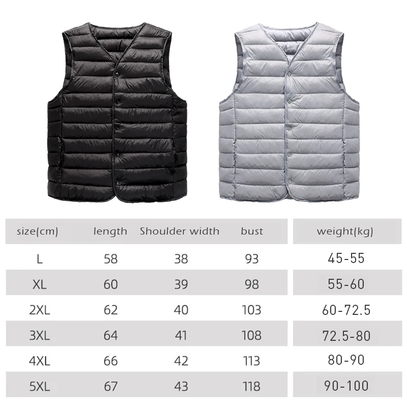 5Xl Basic Style White Down Vest Men Ultra Light Down Vest Portable V-Neck Sleeveless Coat Man Winter Warm Liner Black Green