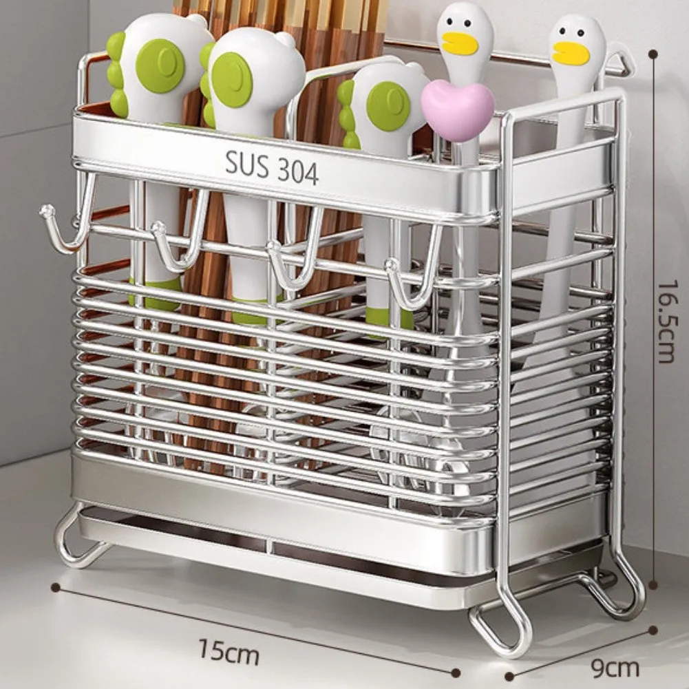 1PCS Practical Cutlery Caddy Chopsticks Spoon Storage Rack With Hooks And Drip Tray Countertop Kitchen Sorting Organizer Supply