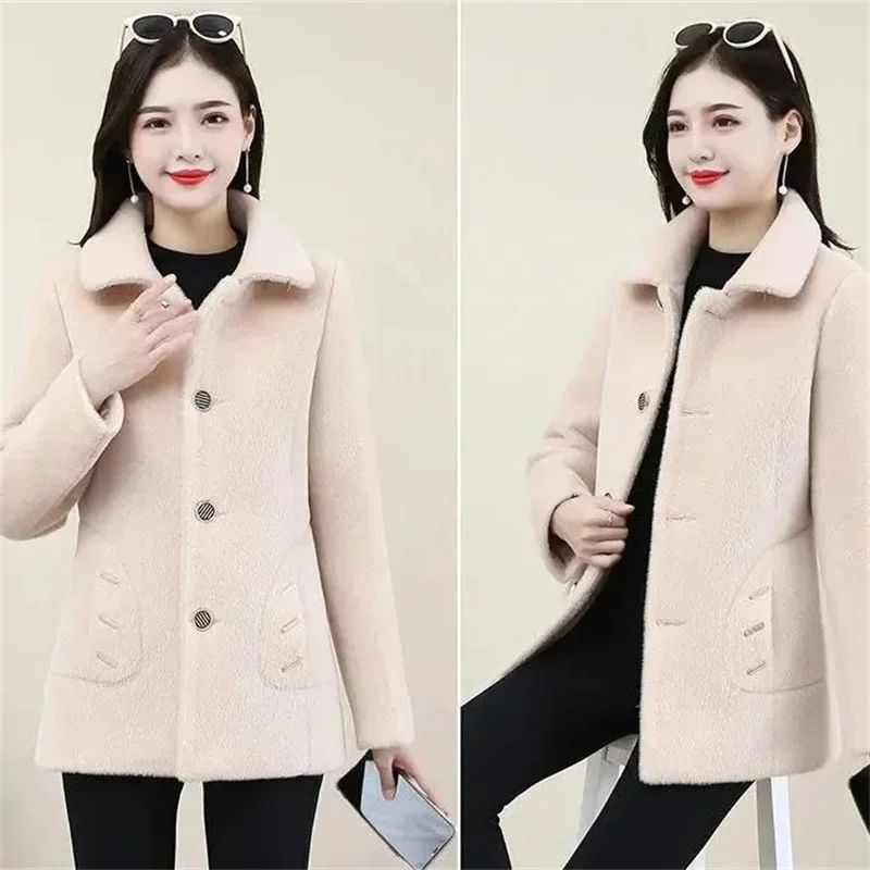 Women\'s Jackets 2024 New Wet Woolen Coat Female Short Mink-Like Overwear Foreign Style Slim Outerwear Warm Wool Jacket Ladies