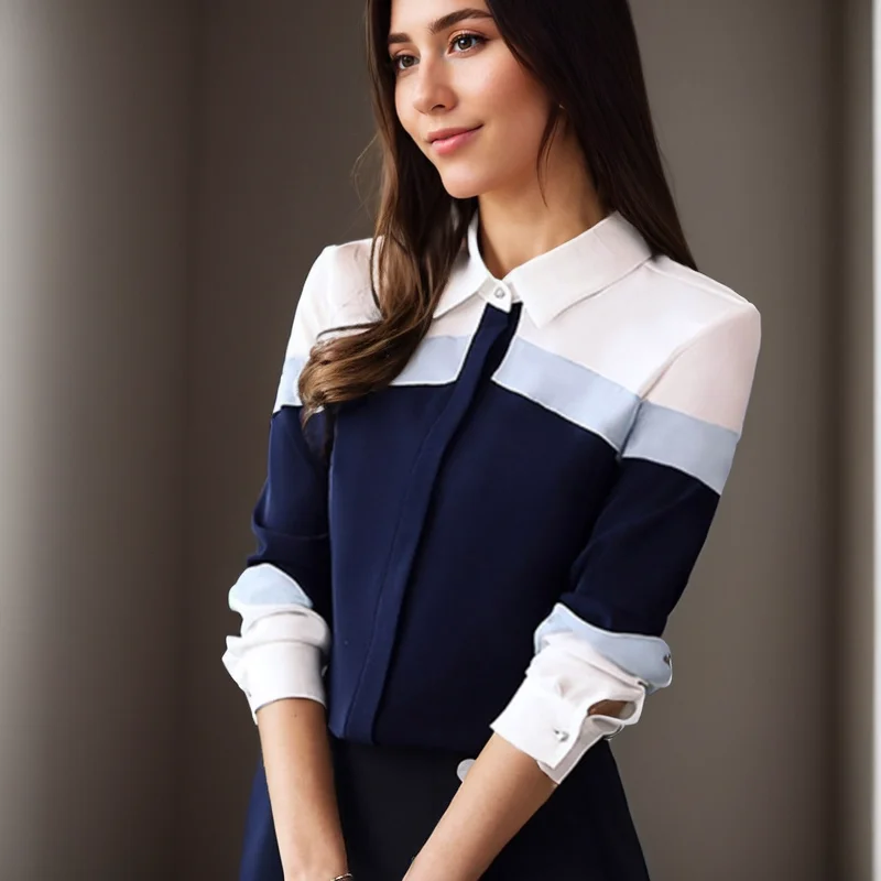 Fashion Long Sleeve Chiffon Blouse  Office Lady Elegant Striped Blusas Patchwork Shirt Casual Turn Down Collar Tops Clothes 5302