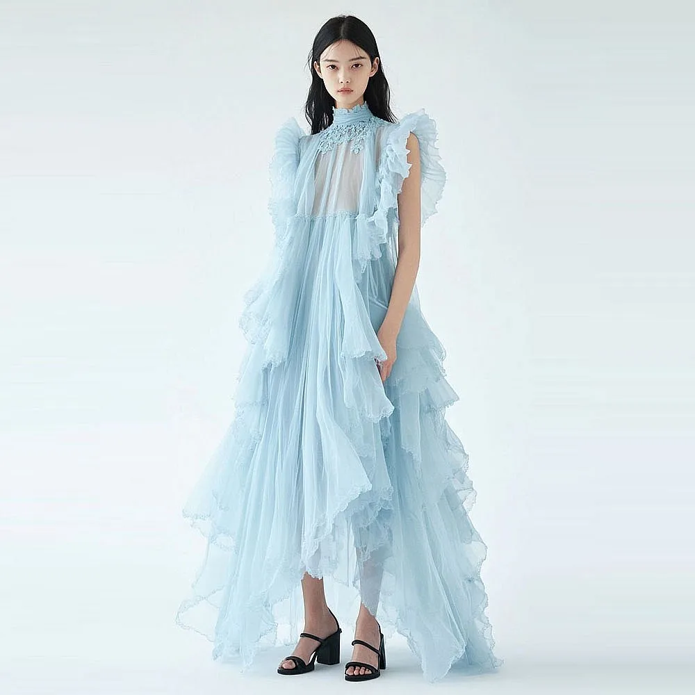 Vestidos de tul azul cielo, cuello alto, mangas con volantes, vestido de verano para vacaciones en la playa, vestidos de fiesta de cumpleaños para mujer