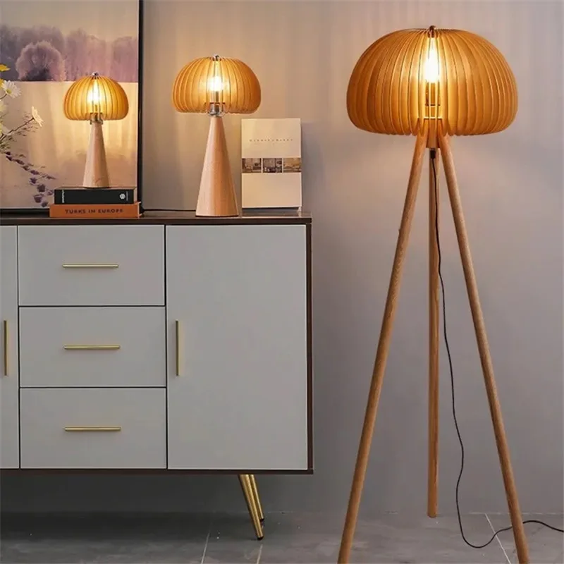 

White Ash Tripod Floor Lamp Living Room Decor logs Wooden Lamp Modern E27 Pumpkin Lamp Vintage Lighting Bedside floor lamp