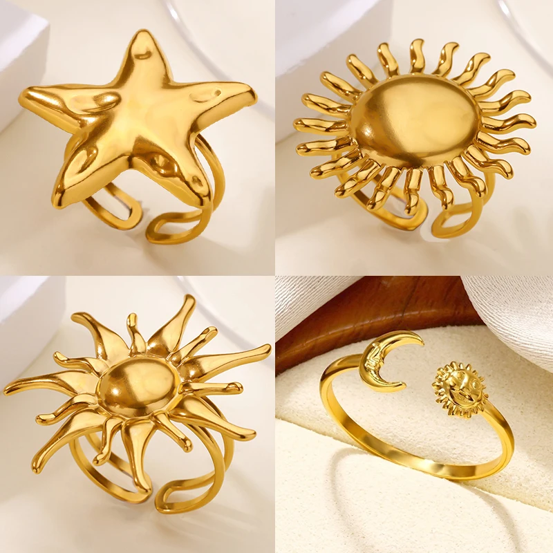 Anillos de sol de acero inoxidable para mujer, Color dorado, luna creciente, estrellas, anillo de doble capa, joyería estética impermeable para boda
