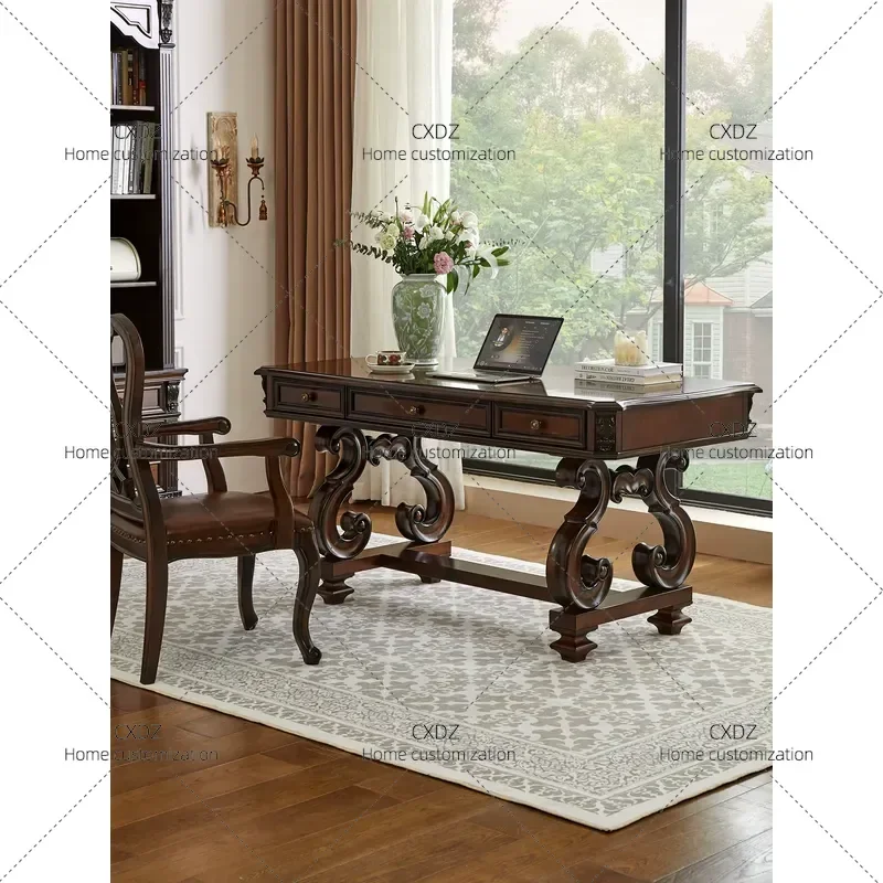 Pure Solid Wood Desk and Chair Set Large Carved Writing Table for Villa Study Room Retro Nostalgic Home Office Furniture
