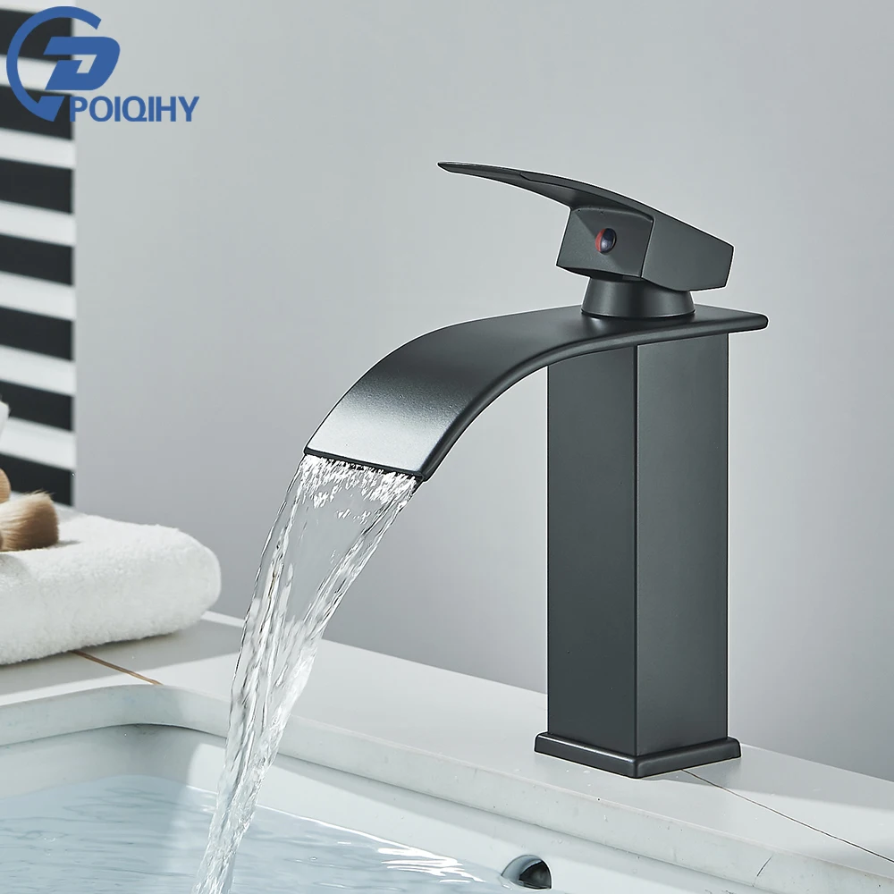 POIQIHY Grifo de lavabo negro mate de montaje en cubierta, mezclador de cascada, monomando de agua fría y caliente para baño, grifo de lavabo de un solo orificio