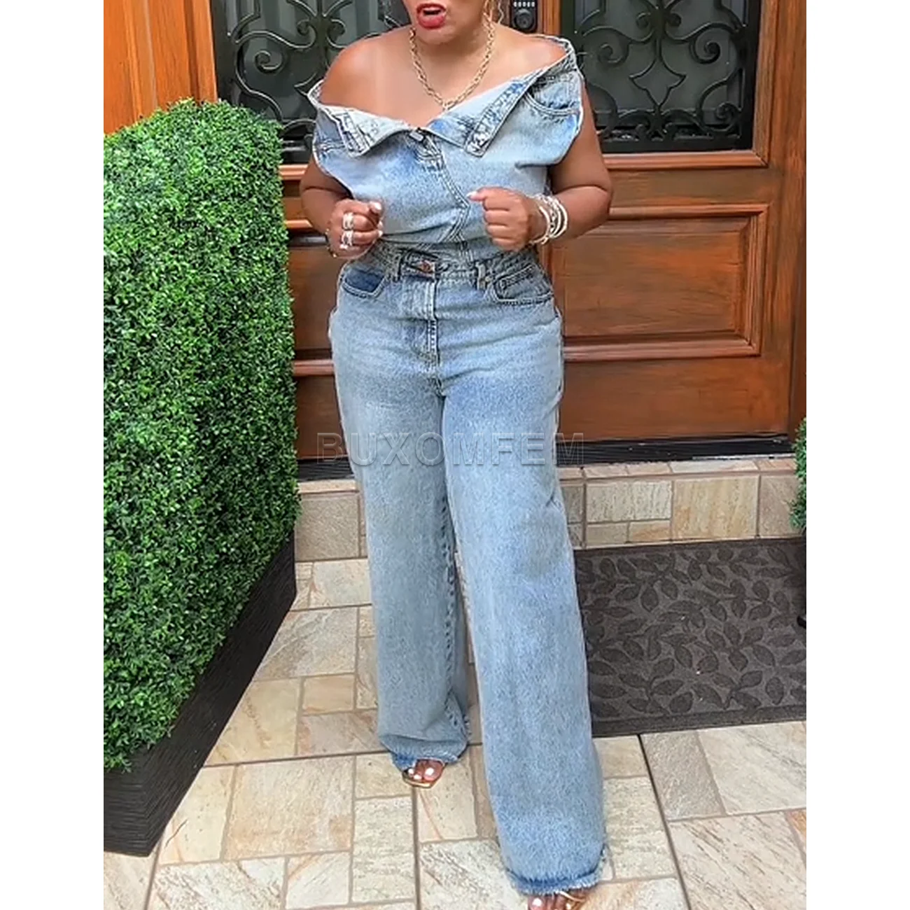 جمبسوت نسائي أنيق من قماش الدنيم بنطلون مرفوع للصدر سروال دينم أنيق مع لف الورك ملابس نسائية يومية 2025 ملابس الشارع #2