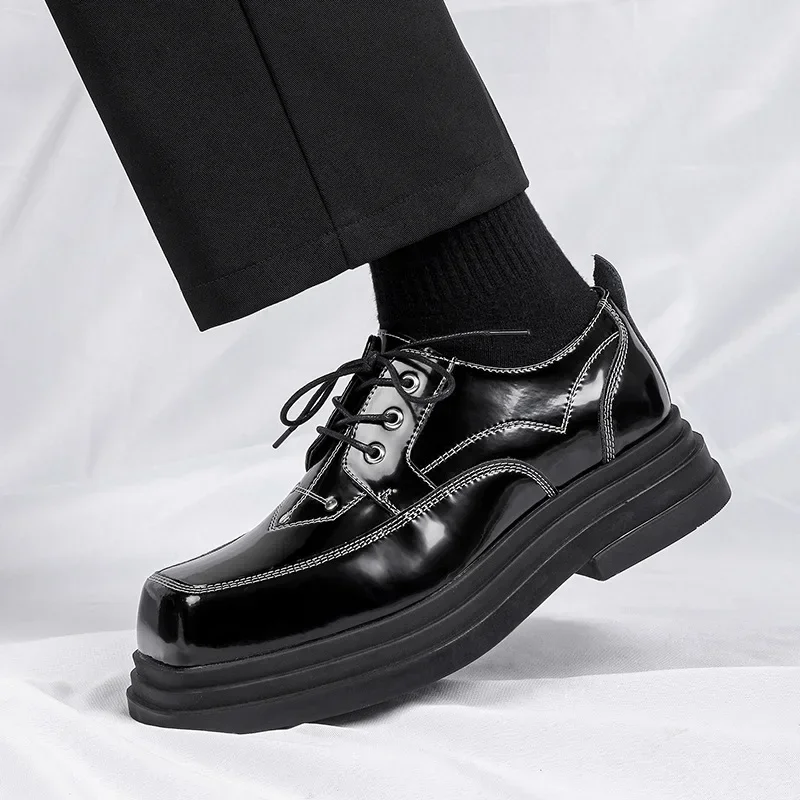 Height Increasing Leather Casual Shoes for Men Square Toe Derby Shoes Streetwear Fashion Men Designer Dance Shoes