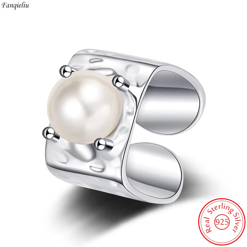 

New Original Jewelry 925 Sterling Silver Pearl Wide Square Ring For Women Fashion FQL23207