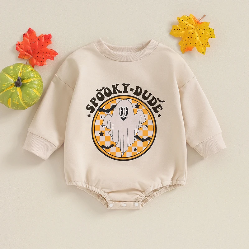 Baby Halloween Sweatshirt Romper Ghost Print Long Sleeve Bodysuit Newborn Clothes