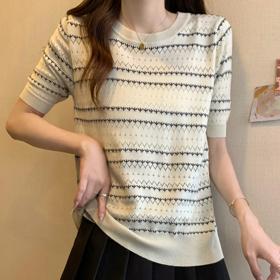 Knitted Sweater Women Pullovers New Short Sleeve Striped Knit Sweater Pullover Women Tops O-Neck Hollow Out Women Clothing Q2754