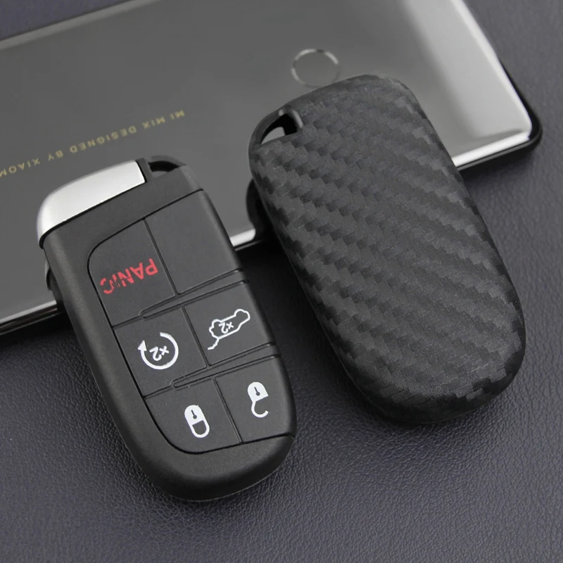 Car Carbon Fiber Smart Key Case Fob Cover Keychain Holder for Jeep Grand Cherokee Compass Dodge Durango Journey Charger