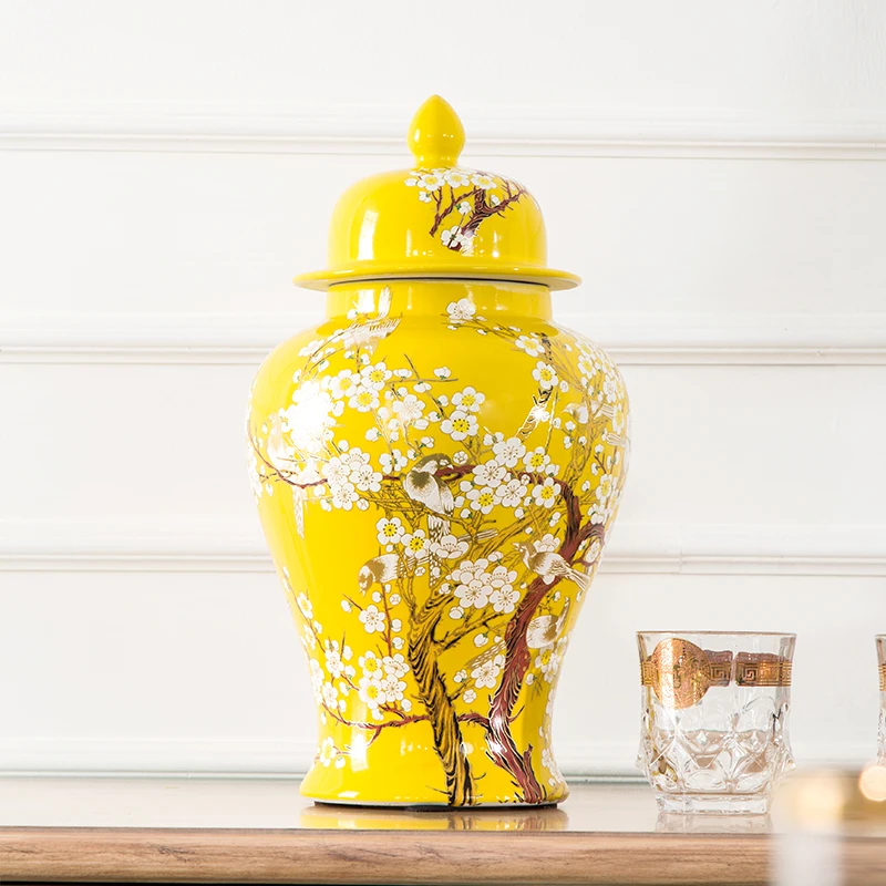 Flower Vase Yellow Temple Jar, White Plum and Bird Print, Decorative Designer, Large Ginger Jar, Tree Floral Ceramic Lidded