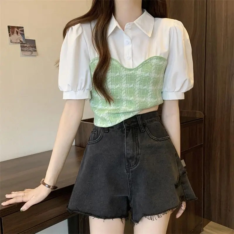 Summer Design Sense Niche Fake Two Pieces Splicing Polo Collar French Bubble Short Sleeve Shirt Women Temperament Knit Top