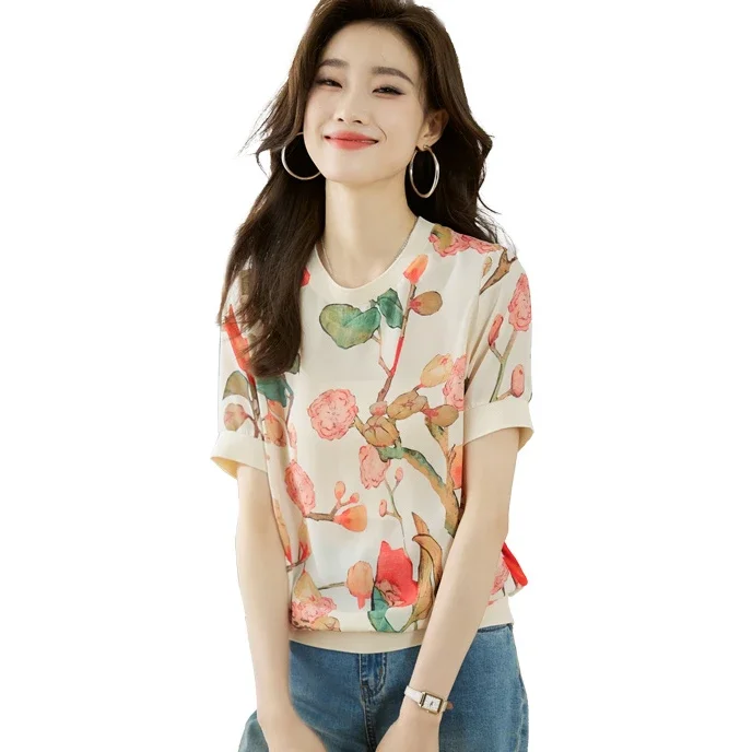 

summer lady half sleeve florla tees women half sleeve printed tees woman satin t shirts