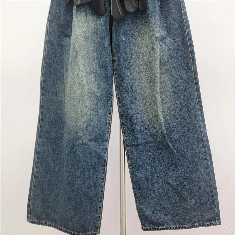 ANJY خريف شتاء جديد إمرأة موضة غير النظامية هيم وهمية قطعتين الجينز العصرية الشارع شيك تنوعا واسعة الساق الدنيم السراويل A16768