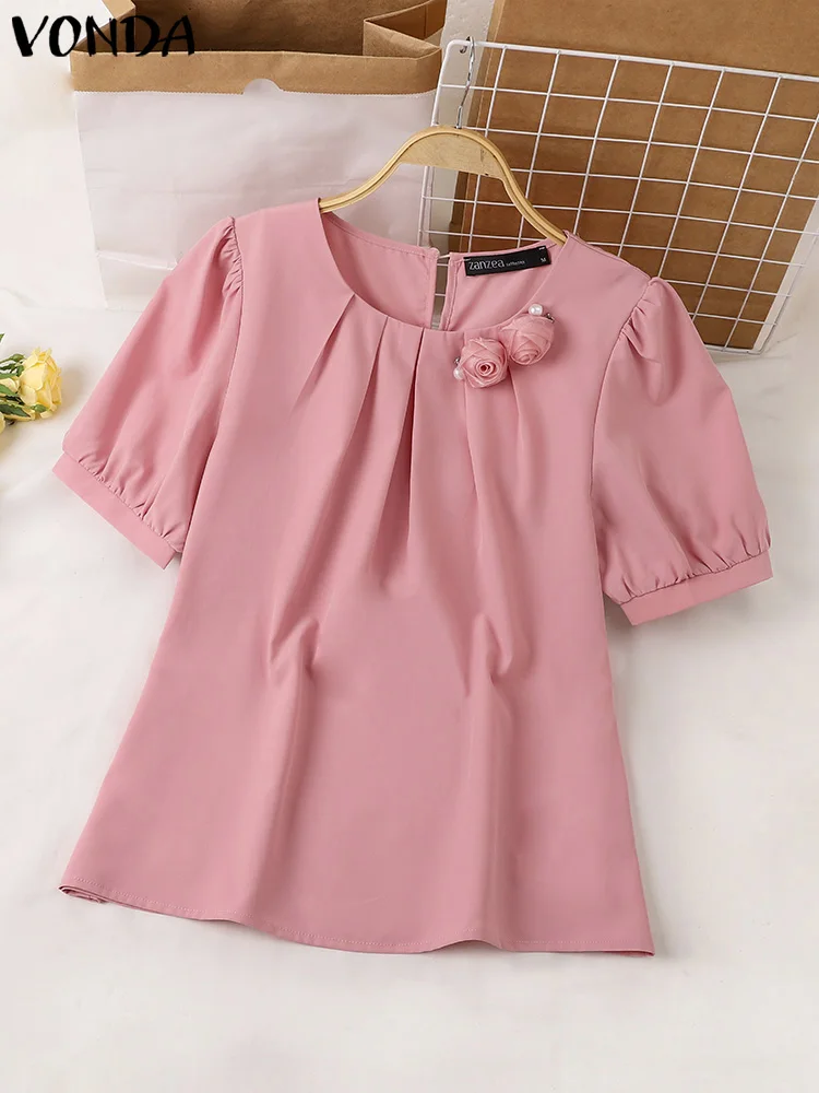 Women Summer Blouses VONDA Three-dimensional Flowers Elegant Solid Color Shirts 2024 Short Puff Sleeve Pleated Tunic Tops Blusas