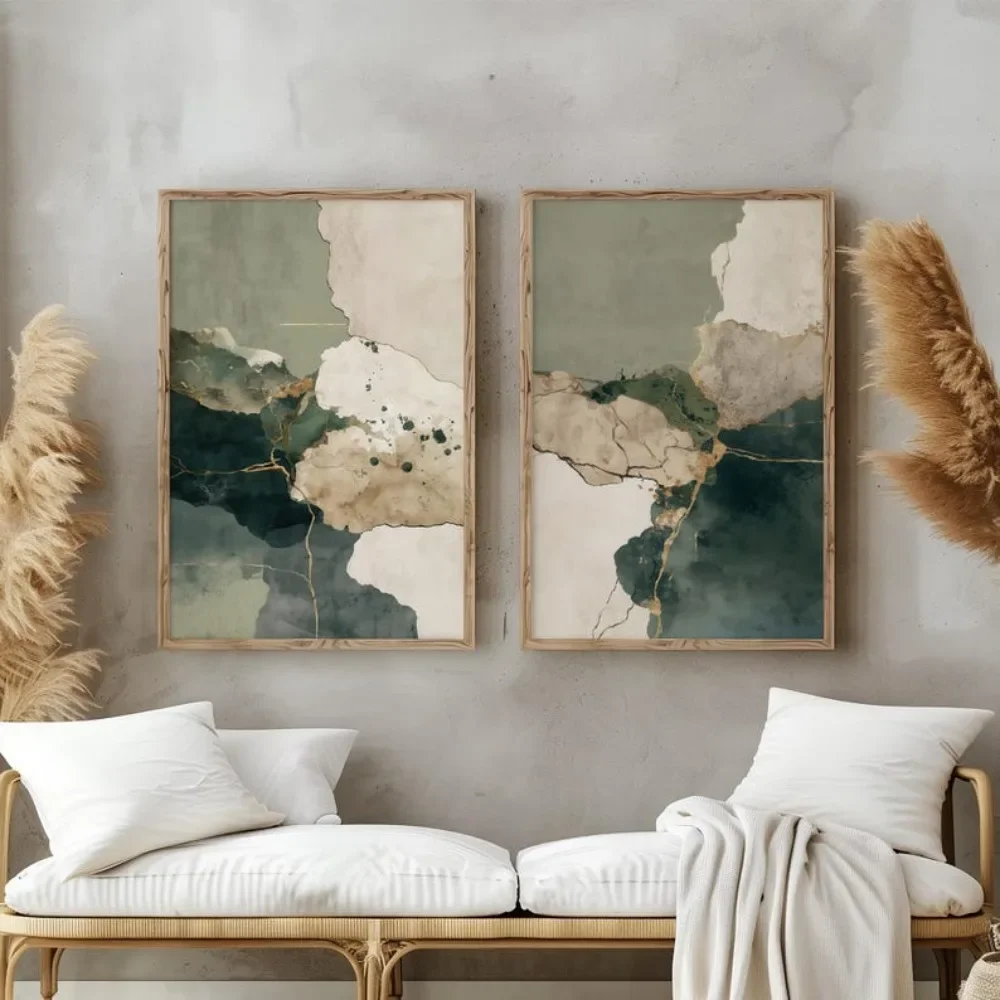 Canvas Painting 2pcs frameless  2pcs Frameless Abstract Wall Art,Japanese Design,Green Wall Art,Modern Decor,Digital Printable,L