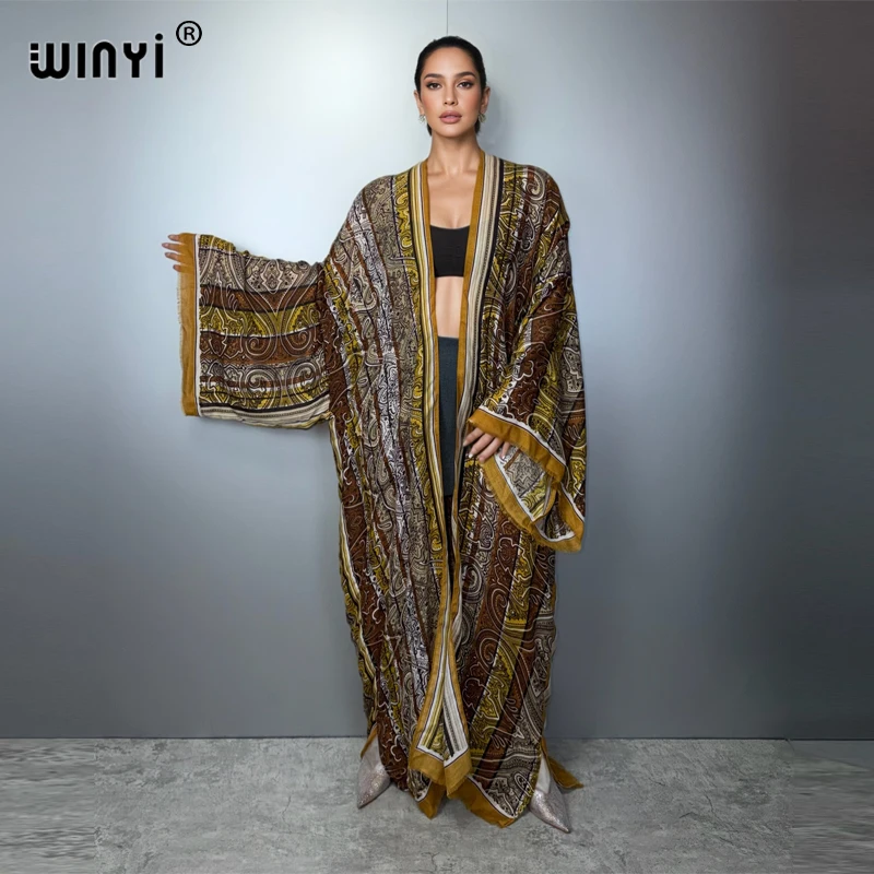 

WINYI Summer Kimono Print Long Sleeve Cardigan Muslim Women's Abaya Boho Cover up Dress Kaftan Luxury Dubai Style