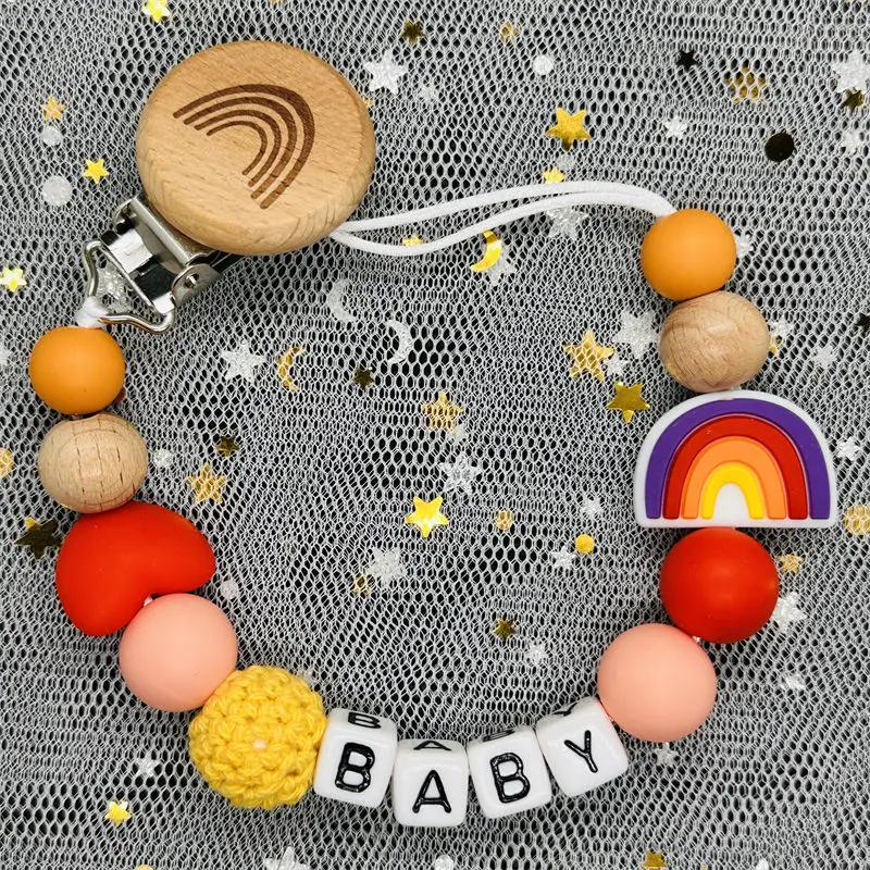 Personalized Name Pacifiers for babies Free Handmade Beech Wood Chain Silicone Rainbow Holder Baby Teether Toy Newborn Chew Gift