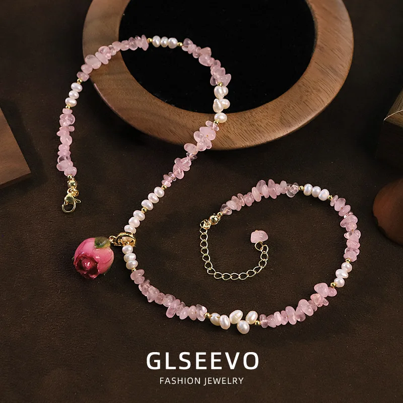 Natural Pearl Powder Flower Bud Necklace, A Versatile Clavicle Chain