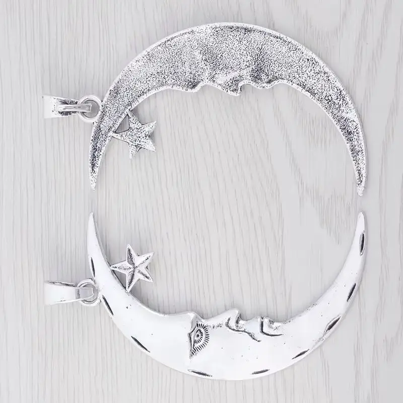 2 x Antique Silver Color Large Crescent Moon with Star Charms Pendants for Necklace Jewelry Making FIndings Accessories 84x22mm