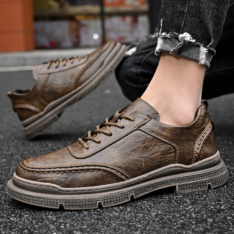 

Men Board Shoes Lace Up Footwear Business Lace Up High Quality Fashion Office Dress Retro Luxury Men Casual Leather Sneakers