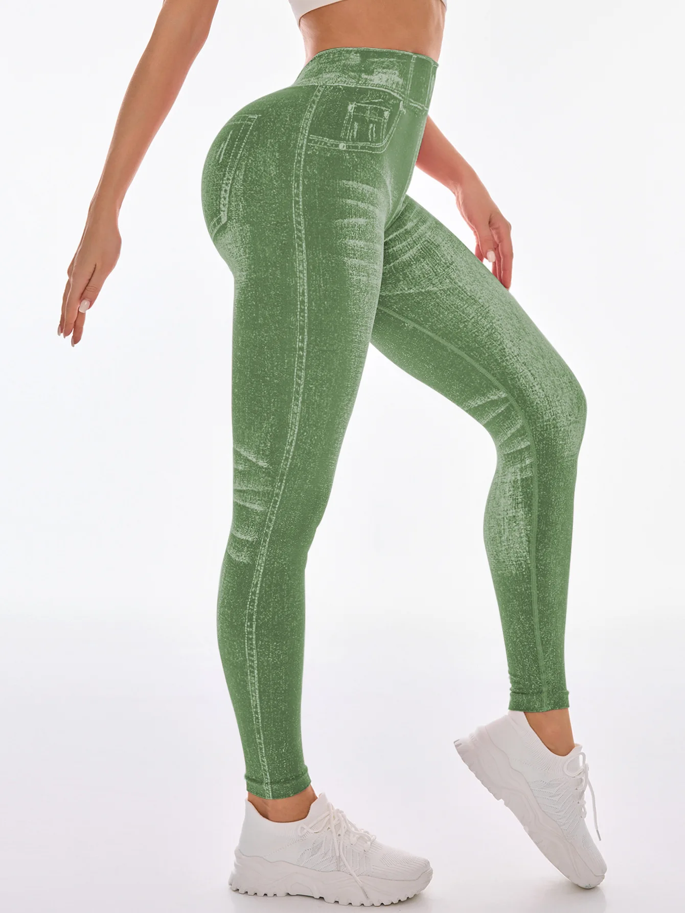 Damen Gym Bedruckte Yoga-Leggings Nahtlose Hochtaillierte Denim-ähnliche Perforierte Hosen mit Fake-Taschen Yoga Fitness Leggings – Detail 18