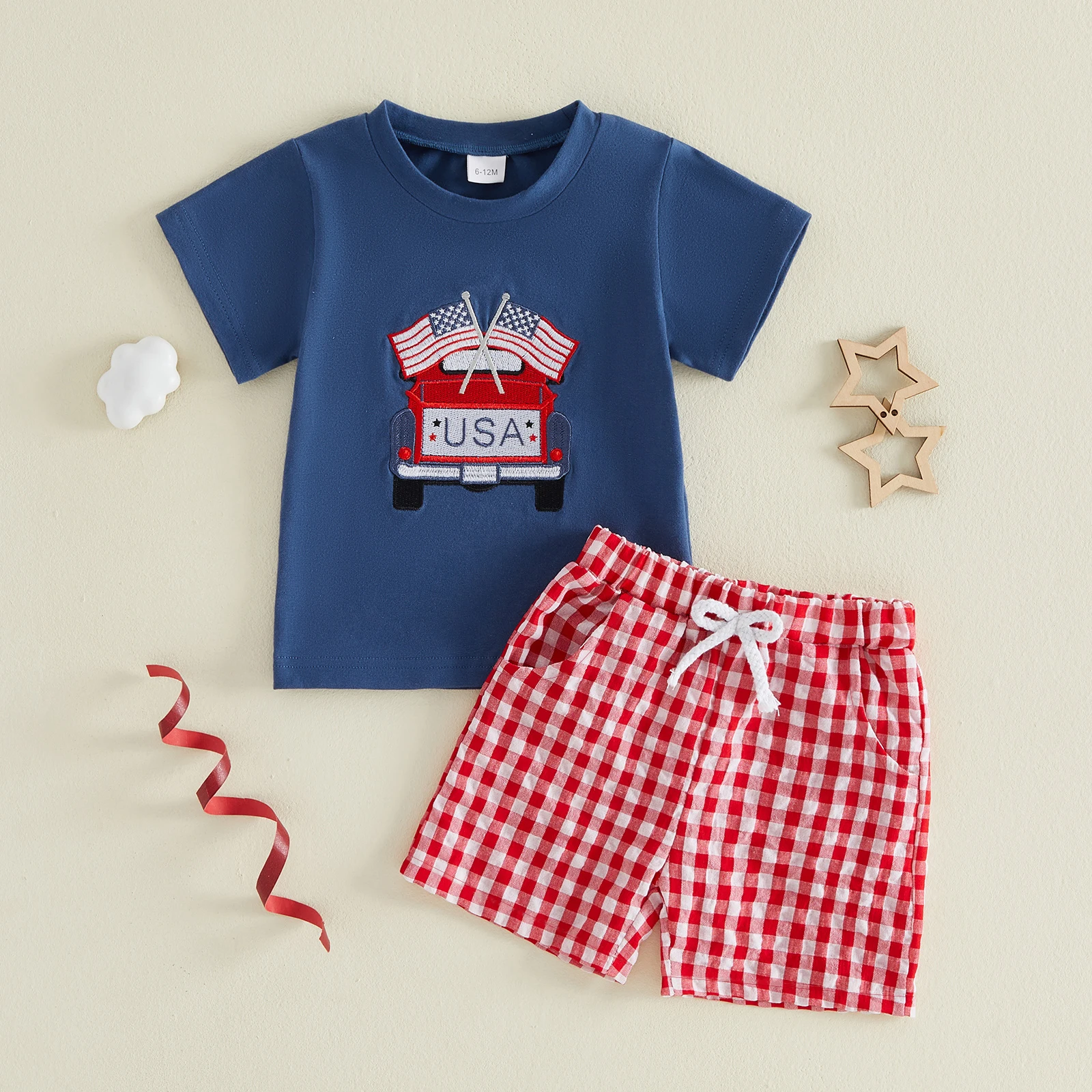 Toddler Boy Outfit Independence Day Short Sleeve Crew Neck America Flag Truck Embroidery Tops and Plaid Shorts Set