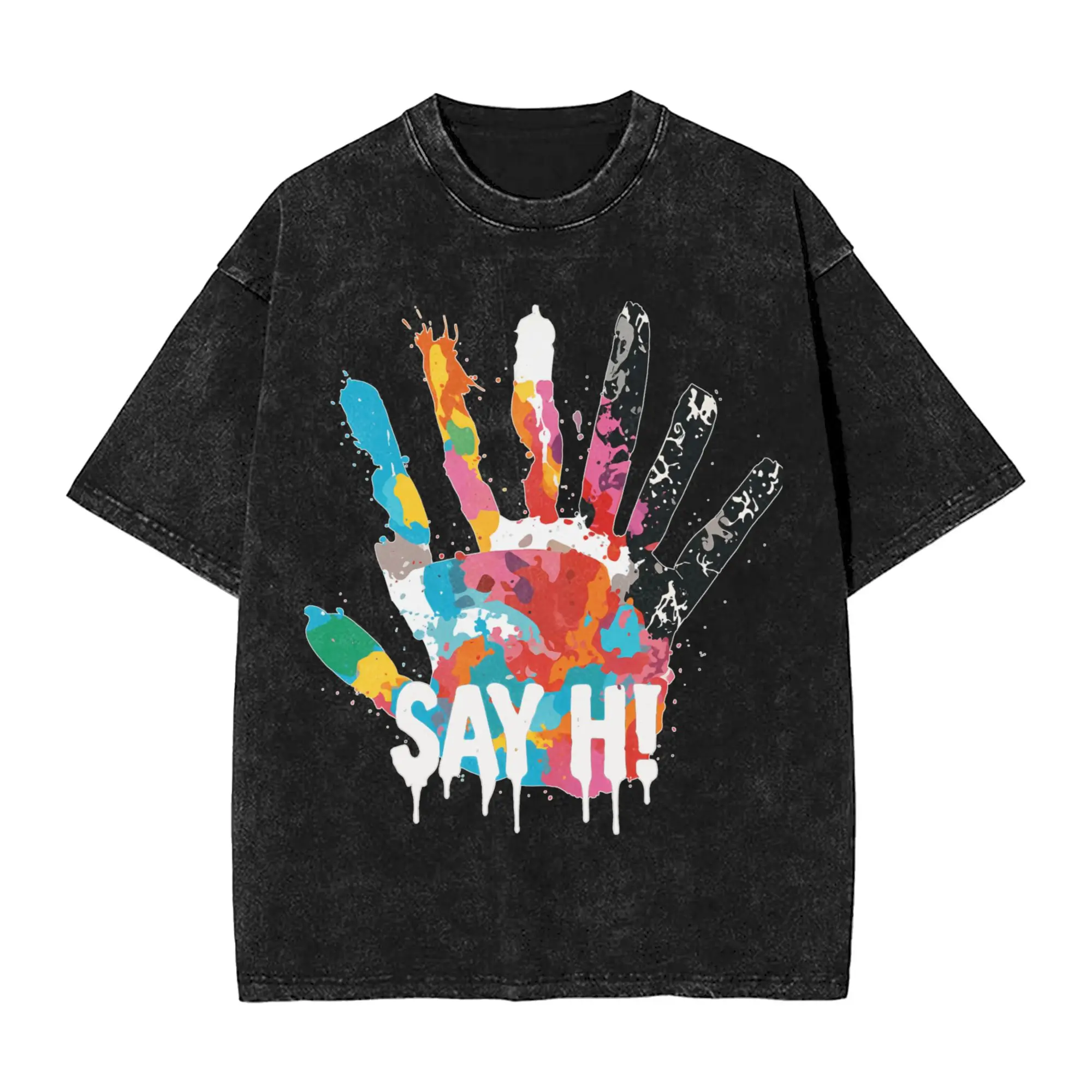 

Man T-Shirt Say Hi Colorful Handprint Washed T-Shirts Fashion Fashionable Summer Tees Vintage Printed Cotton Clothing Gift Idea