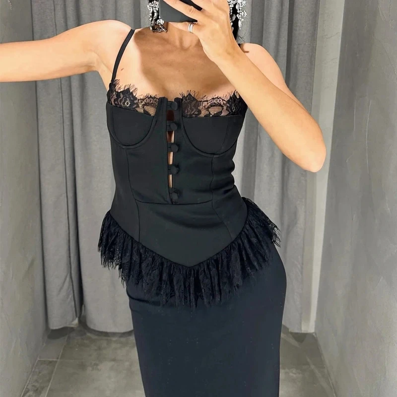 

Summer Casual Sleeveless Commute Tank Tops Sexy Lace Halter Spliced Tops Women Solid Color Hollow Out Slim Cocktail Party Vest