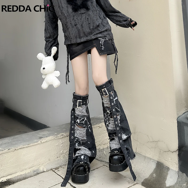 

ReddaChic JK Women Silver Glitter Denim Leg Warmers Ripped Hole Raw Edge Goth Belt Knee Long Boots Cover Lolita Cosplay Costumes