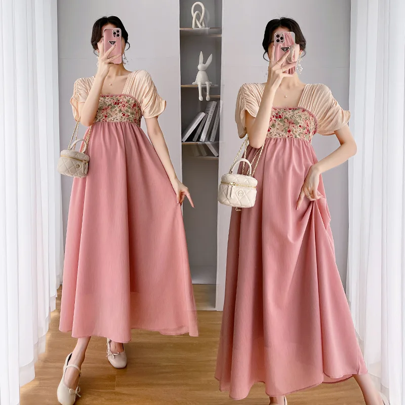 Maternity Chiffon Hanfu Dresses Summer Clothes for Pregnant Women 2024 New Chinese Style Vintage Patchwork Pregnancy Vestidos