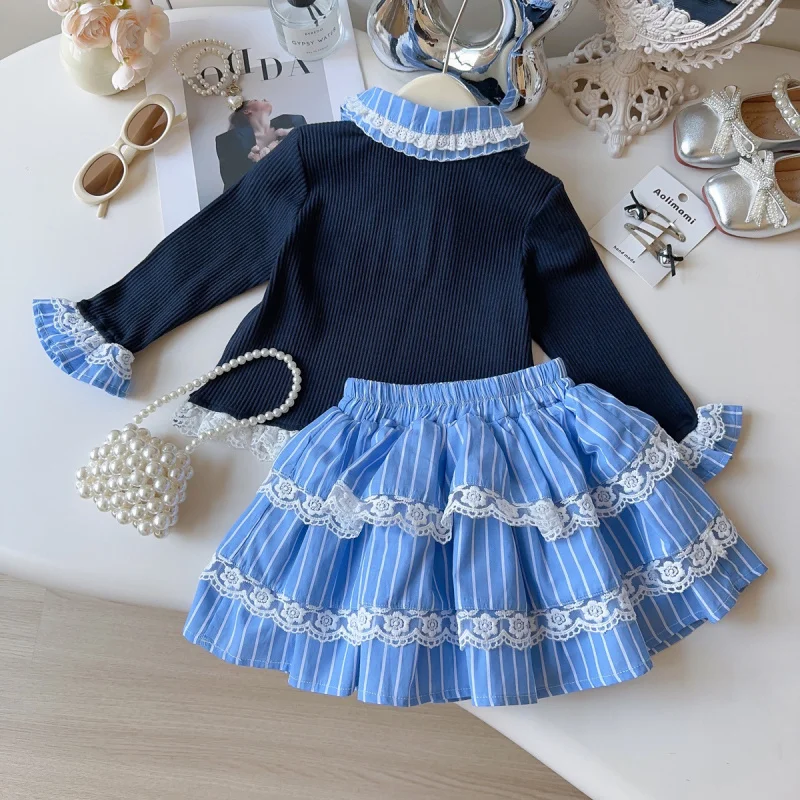 

Girls' Spring and Autumn New Style Baby Girl Fake Two-Piece Doll Collar Patchwork Knitted Top and Skirt Set