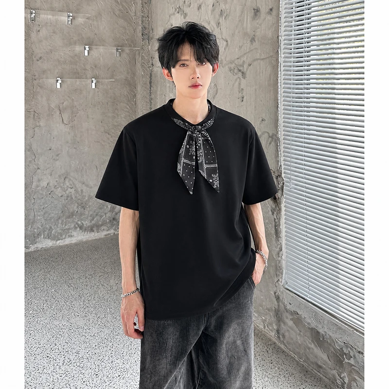 T shirt men Trendy Mens Street Fashion Short Sleeve T Shirt New Design With Detachable Scarf Versatile Summer