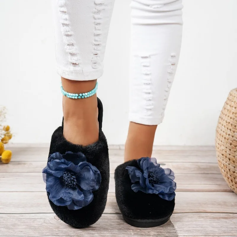 Zapatillas Baotou a la moda para mujer, zapatos planos antideslizantes y resistentes al desgaste con flores de ante y cabeza redonda para invierno