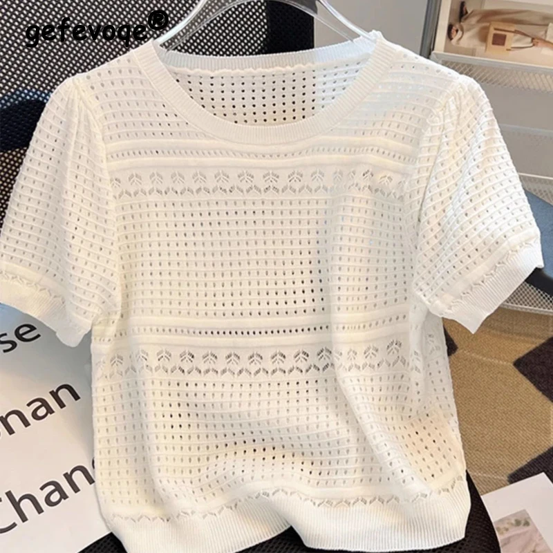 Women Clothing 2024 Summer Fashion Hollow Short Sleeve Ice Silk Knitted T-shirt Female Simple Casual Solid O Neck Pullover Tops