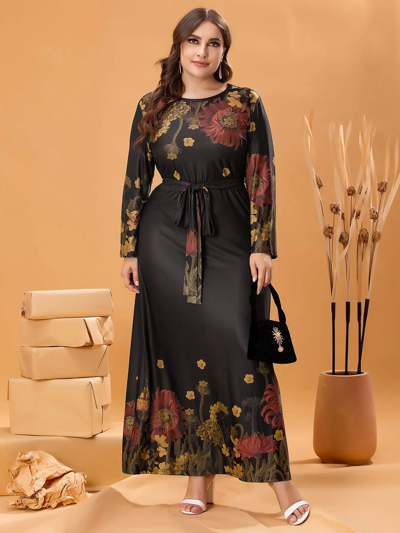 Autumn Winter Dress Long Sleeve 2024 Woman Floral Print Casual Long Dress Black Plus Size Women Clothing