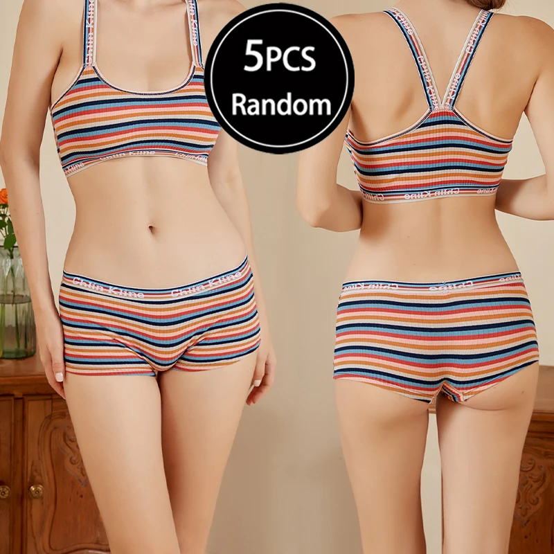 5 Pcs Women's Colorful Striped Cotton Safety Pants Seamless Comfortable Flat Corner Briefs Underpants