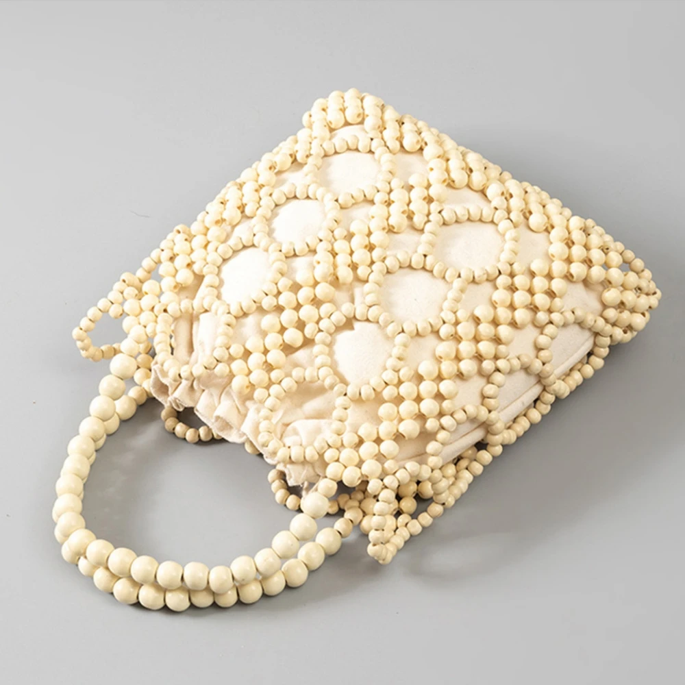 Handmade Woven Wooden Beads Tote Bag Women\'s Hollow Out Bucket Bag Summer Travel Beach Handbag Ladies Fashion Clutch Purses Bag