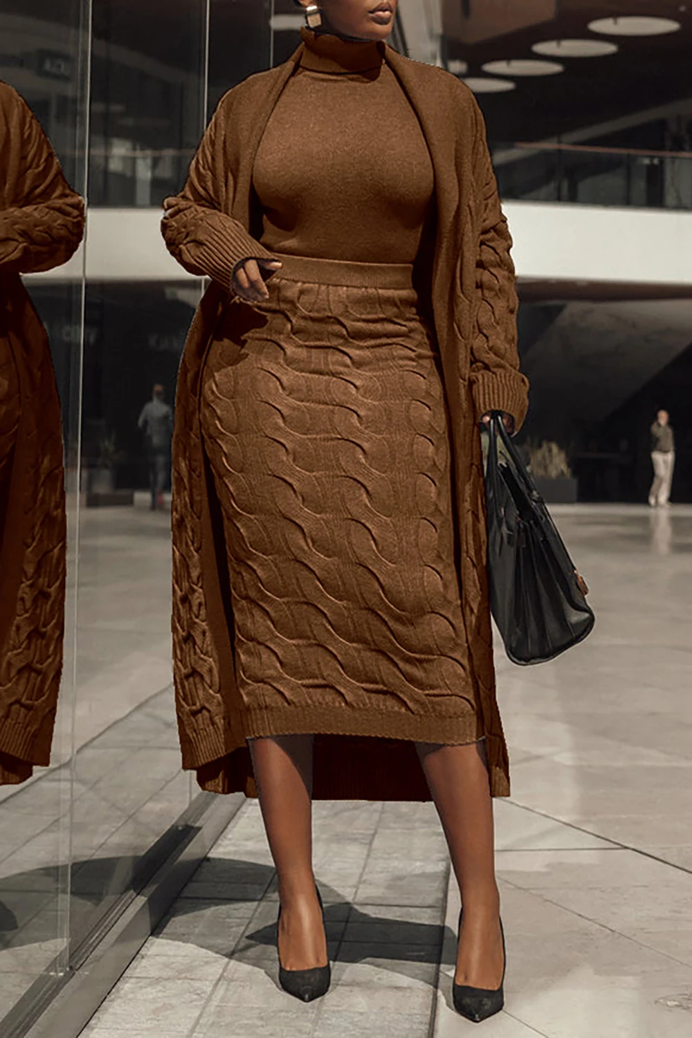 

Plus Size Daily Cardigan Brown Cable Knit Cardigan With Dual Pocket