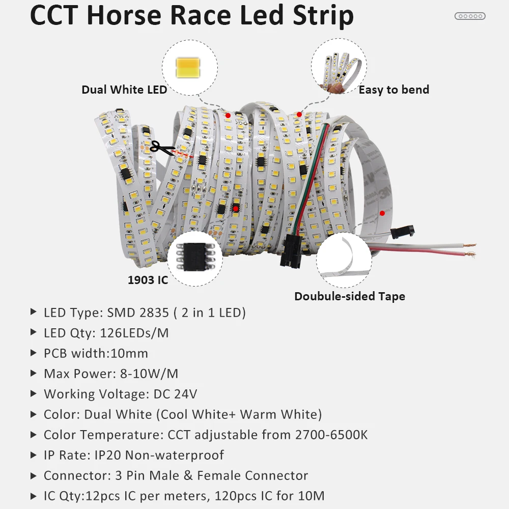 CCT-Bande lumineuse LED pour course de chevaux, kit de 20m 10m, lampe Pixel DC 24V SMD 2835 pour touristes, WW CW RF