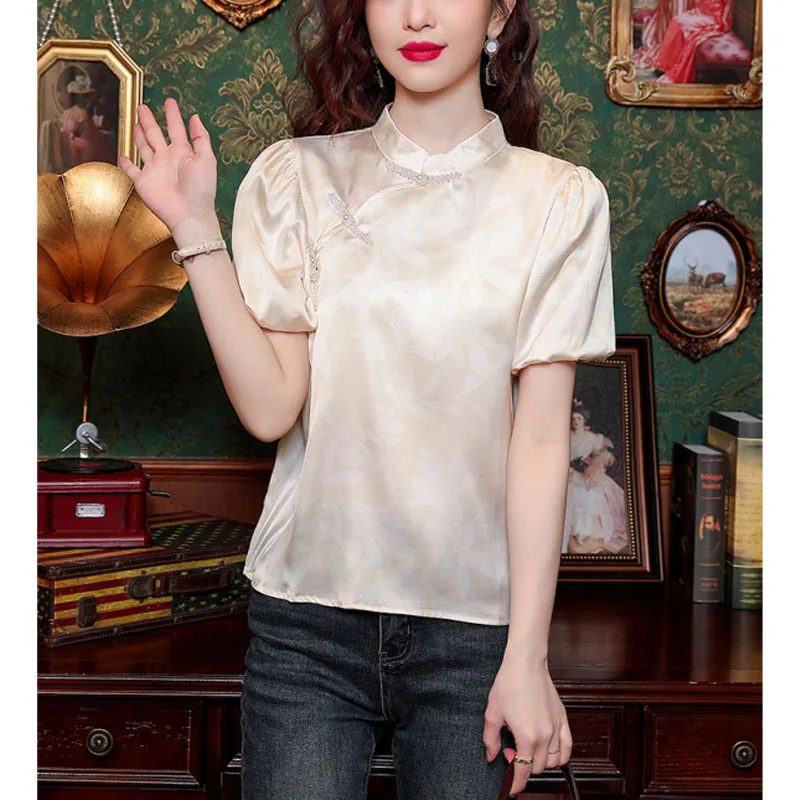 Summer New Women\'s Fashion Simplicity Versatile Loose Casual Chinese Style Stand Up Collar Button Up Puff Sleeve Shirt Tops