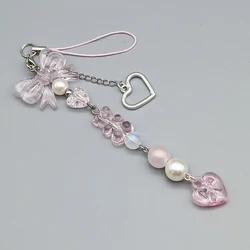 Y2K Pink Pearls Heart Beads Phone Charm Strap Keychain Lanyard Anti-Loss Phone Case Pendant Girl Woman Keycord