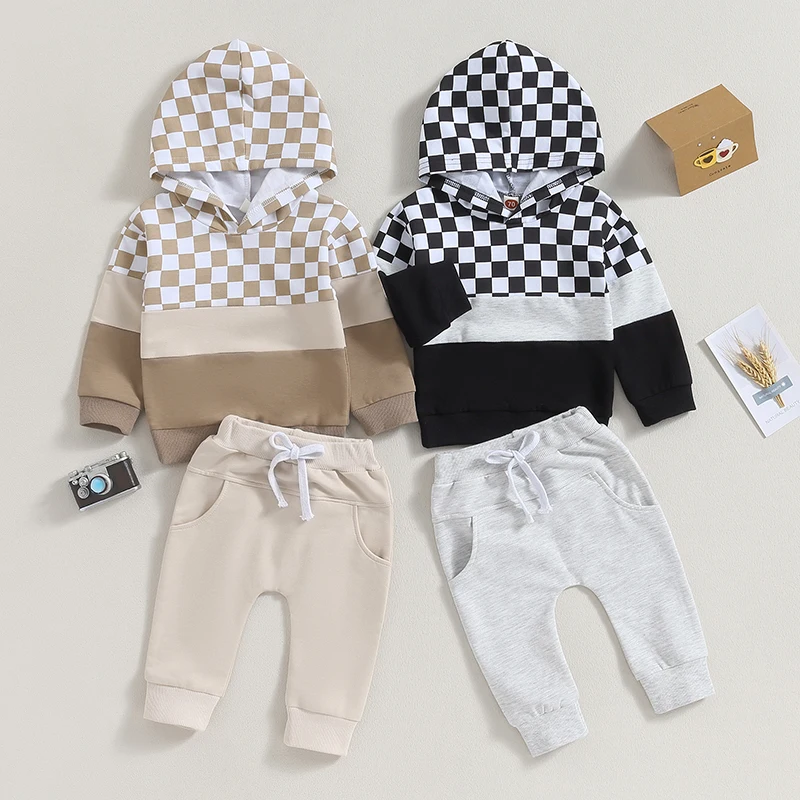 2023-07-14 Lioraitiin 0-3Y Autumn Baby Boys Clothes Sets Long Sleeve Plaid Patchwork Hoodie Tops with Elastic Waist Pants